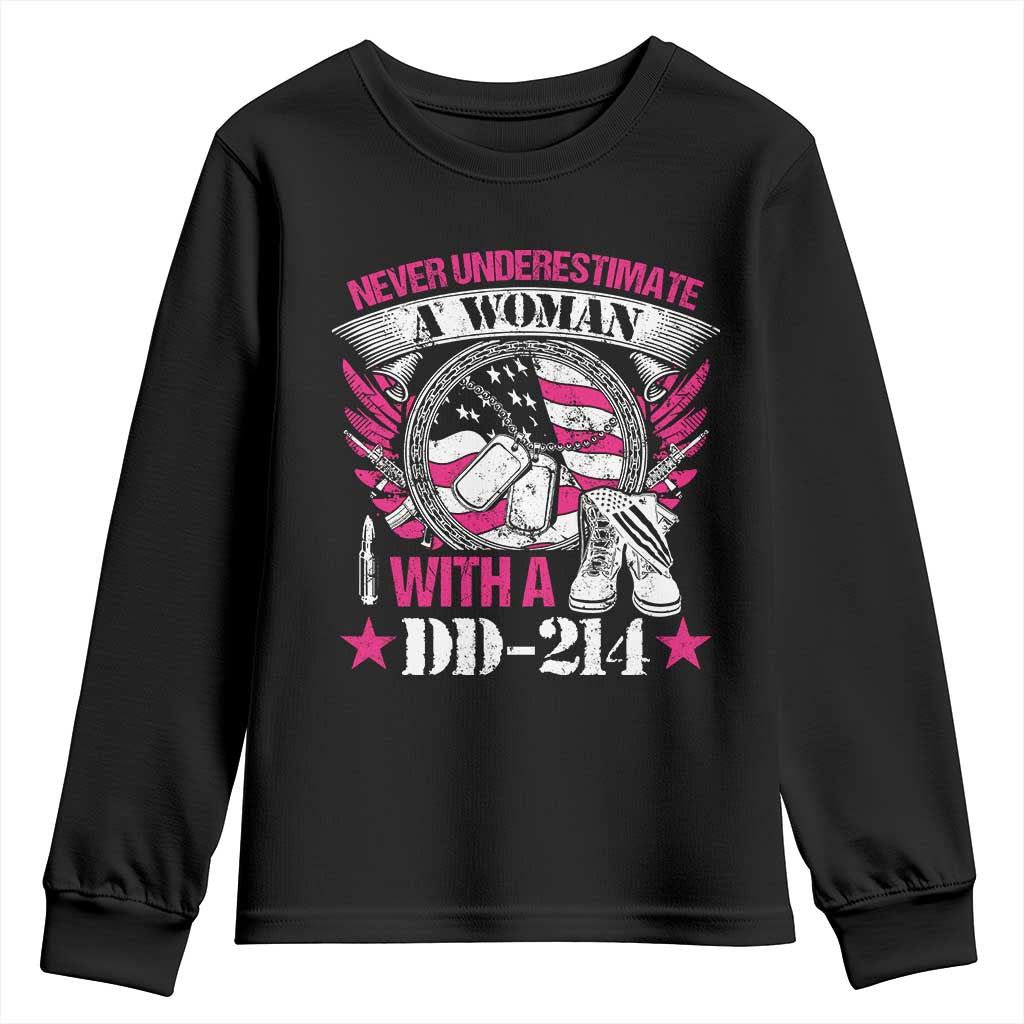 Female Veteran Youth Sweatshirt Never Underestimate A Woman With DD214 US Military