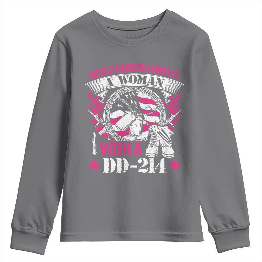 Female Veteran Youth Sweatshirt Never Underestimate A Woman With DD214 US Military