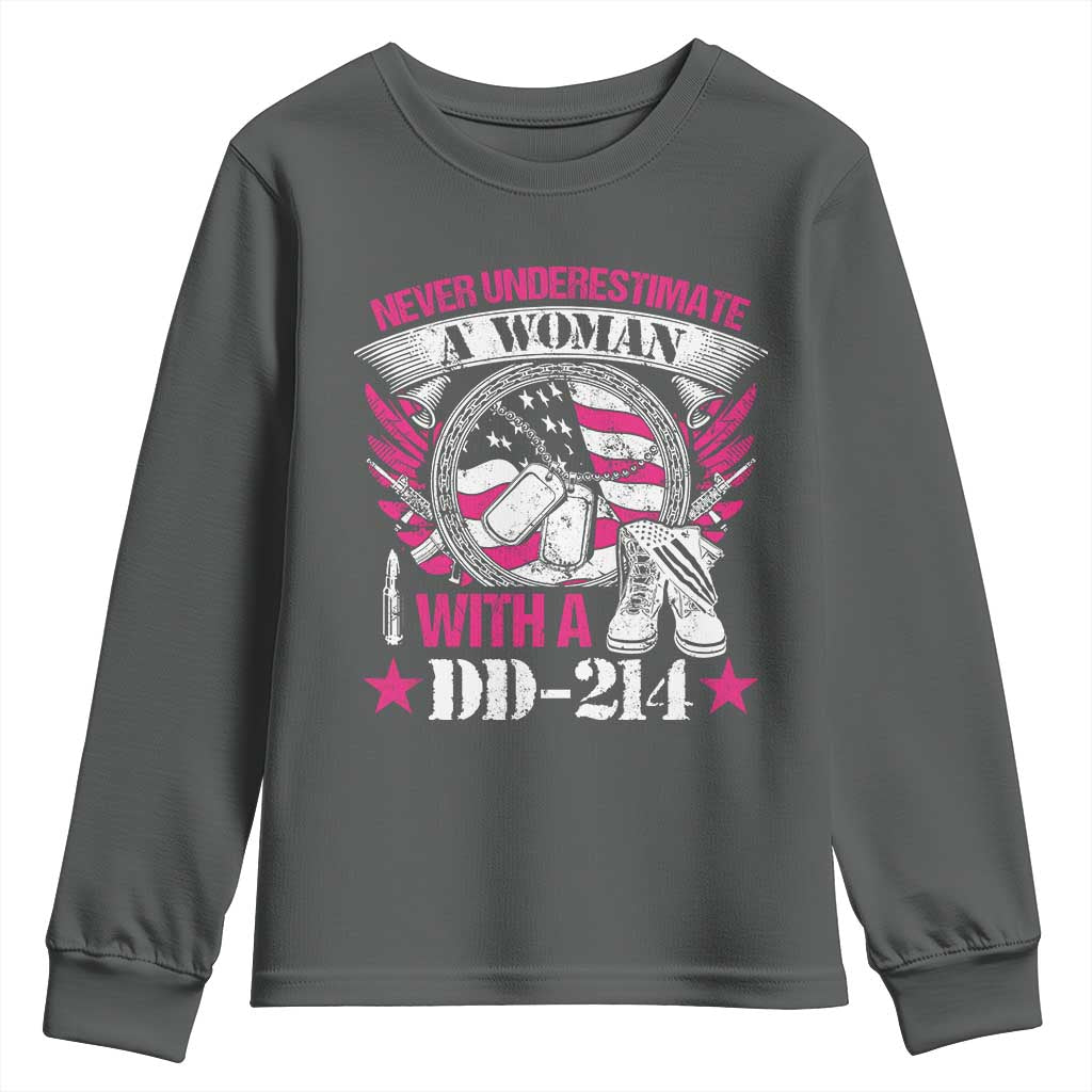 Female Veteran Youth Sweatshirt Never Underestimate A Woman With DD214 US Military