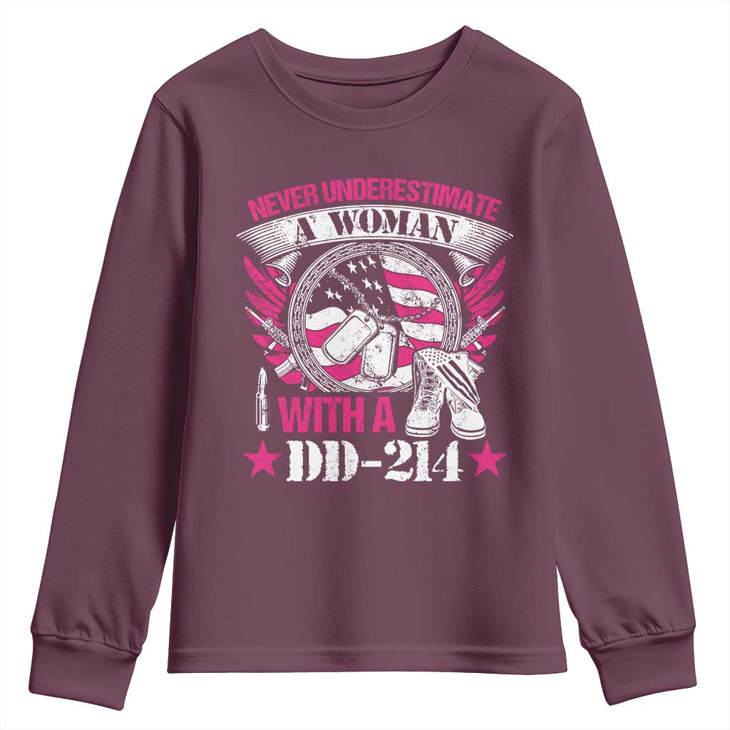 Female Veteran Youth Sweatshirt Never Underestimate A Woman With DD214 US Military