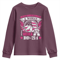 Female Veteran Youth Sweatshirt Never Underestimate A Woman With DD214 US Military