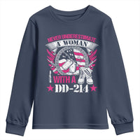 Female Veteran Youth Sweatshirt Never Underestimate A Woman With DD214 US Military