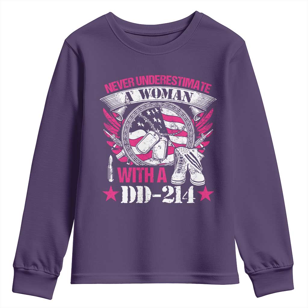 Female Veteran Youth Sweatshirt Never Underestimate A Woman With DD214 US Military