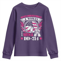 Female Veteran Youth Sweatshirt Never Underestimate A Woman With DD214 US Military