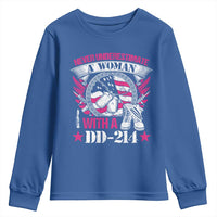 Female Veteran Youth Sweatshirt Never Underestimate A Woman With DD214 US Military