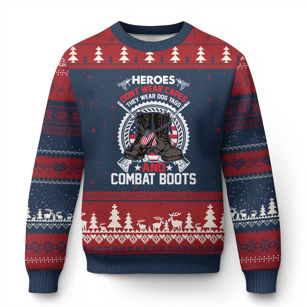 Patriotic Military Veteran Ugly Christmas Sweater Heroes Don't Wear Capes They Wear Dog Tags And Combat Boots - Wonder Print Shop