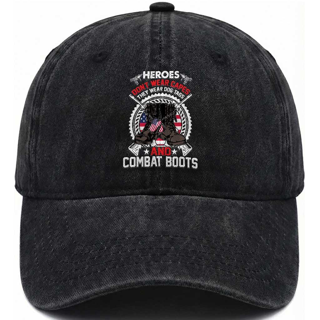 Patriotic Military Veteran Washed Cotton Baseball Cap Heroes Don't Wear Capes They Wear Dog Tags And Combat Boots