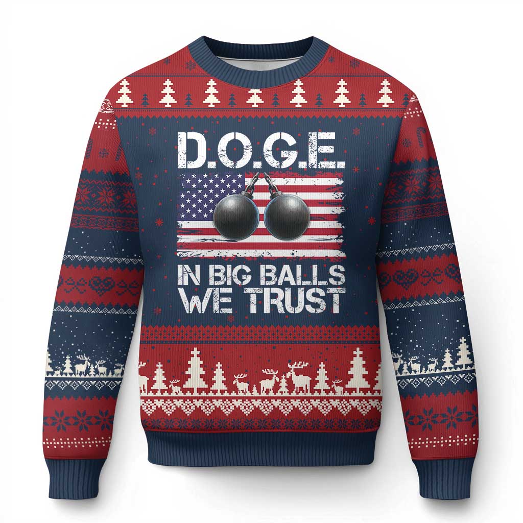 Funny D.O.G.E Patriotic 2025 Ugly Christmas Sweater In Big Balls We Trust American Flag - Wonder Print Shop