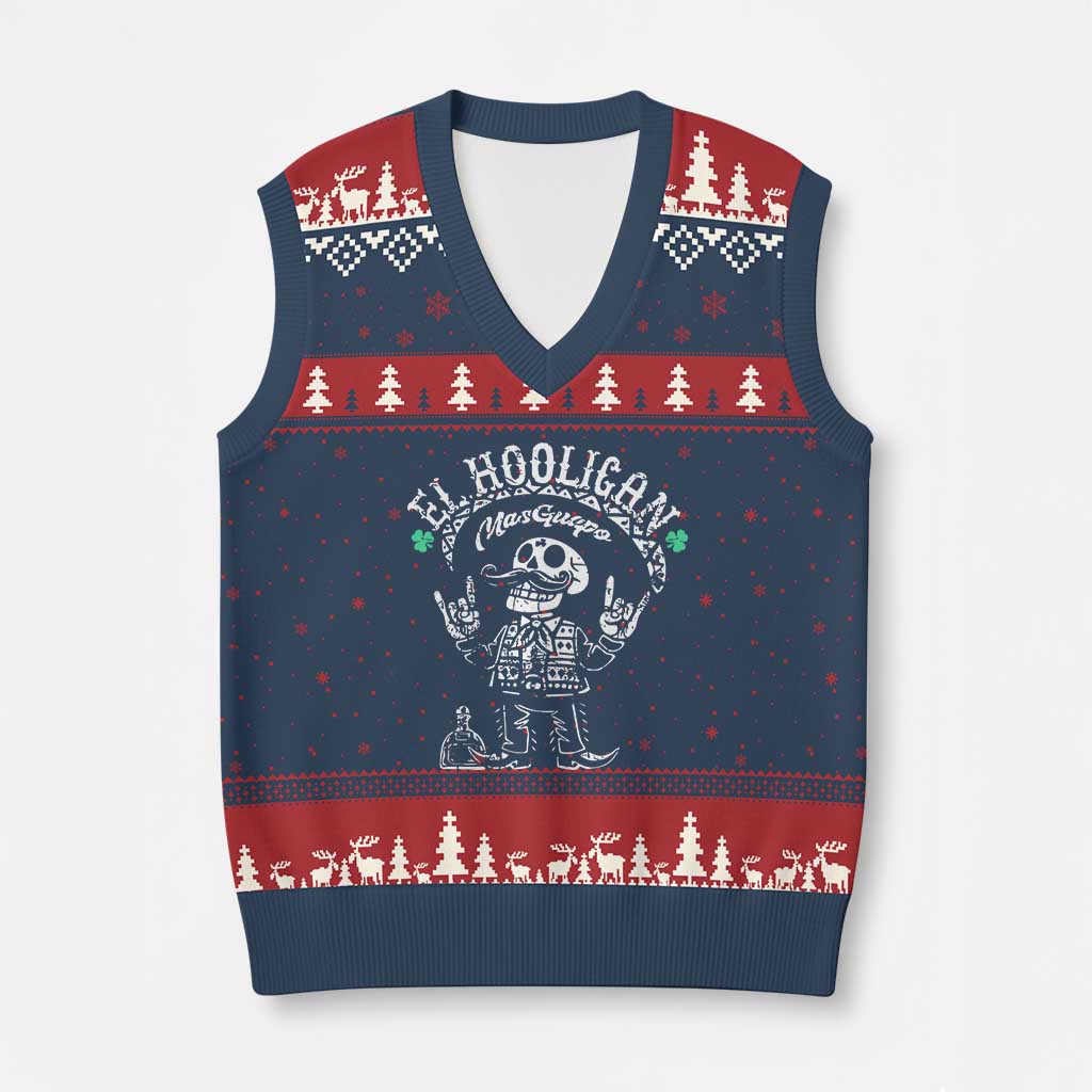 Funny Mexican Mariachi Skeleton V-Neck Knit Sweater Vest El Hooligan Mas Guapo Very Handsome - Wonder Print Shop