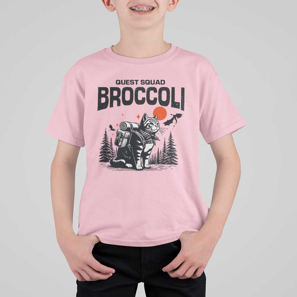 Quest Squad Broccoli Cat T Shirt For Kid Funny Hiking Adventure Cute Camping Feline