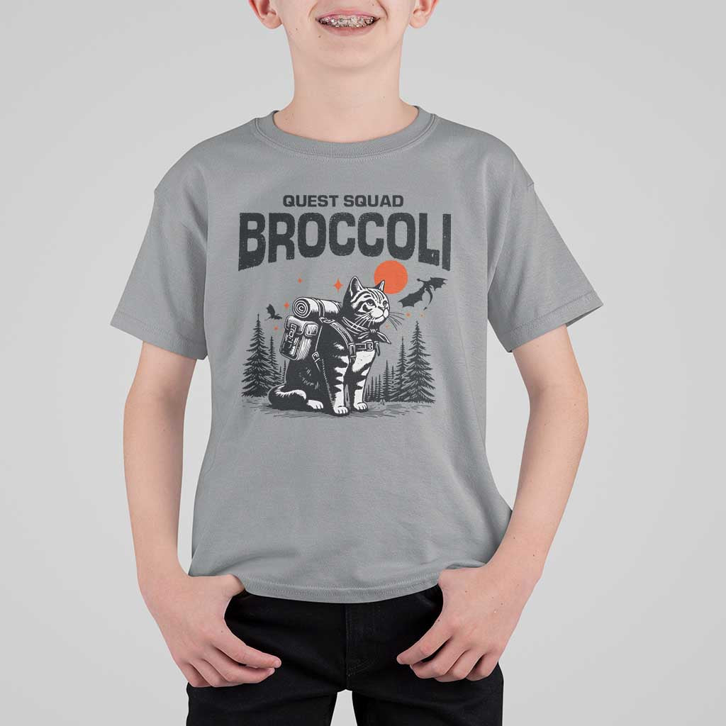 Quest Squad Broccoli Cat T Shirt For Kid Funny Hiking Adventure Cute Camping Feline