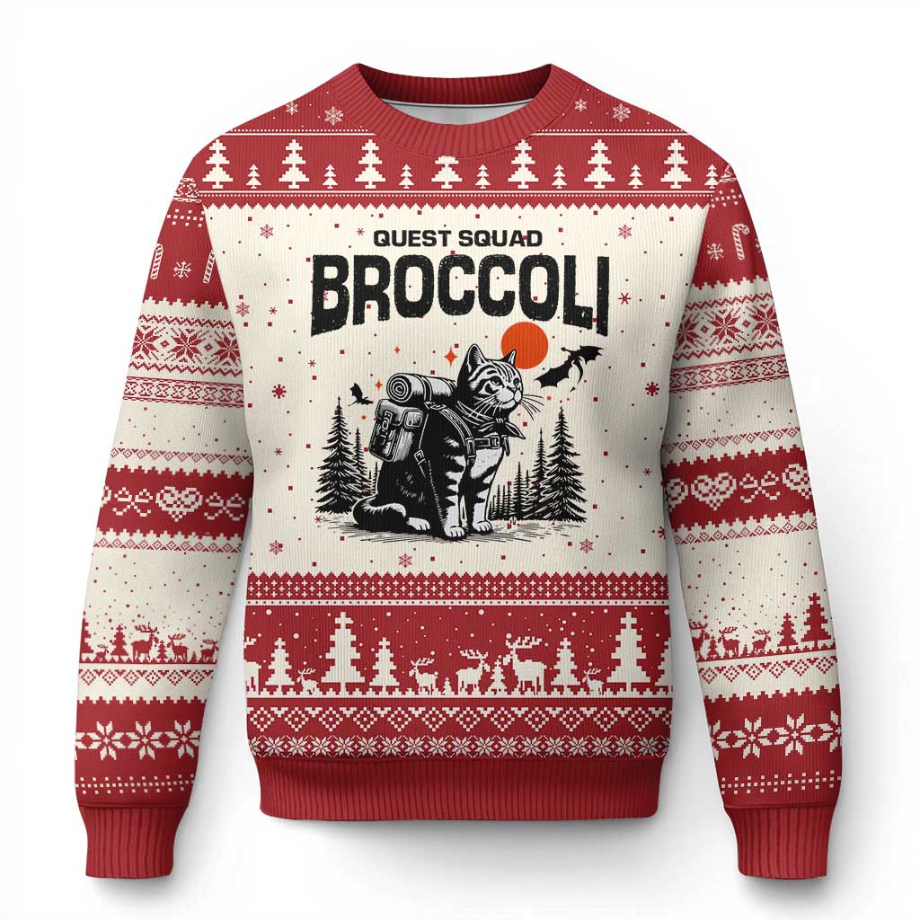 Quest Squad Broccoli Cat Ugly Christmas Sweater Funny Hiking Adventure Cute Camping Feline - Wonder Print Shop