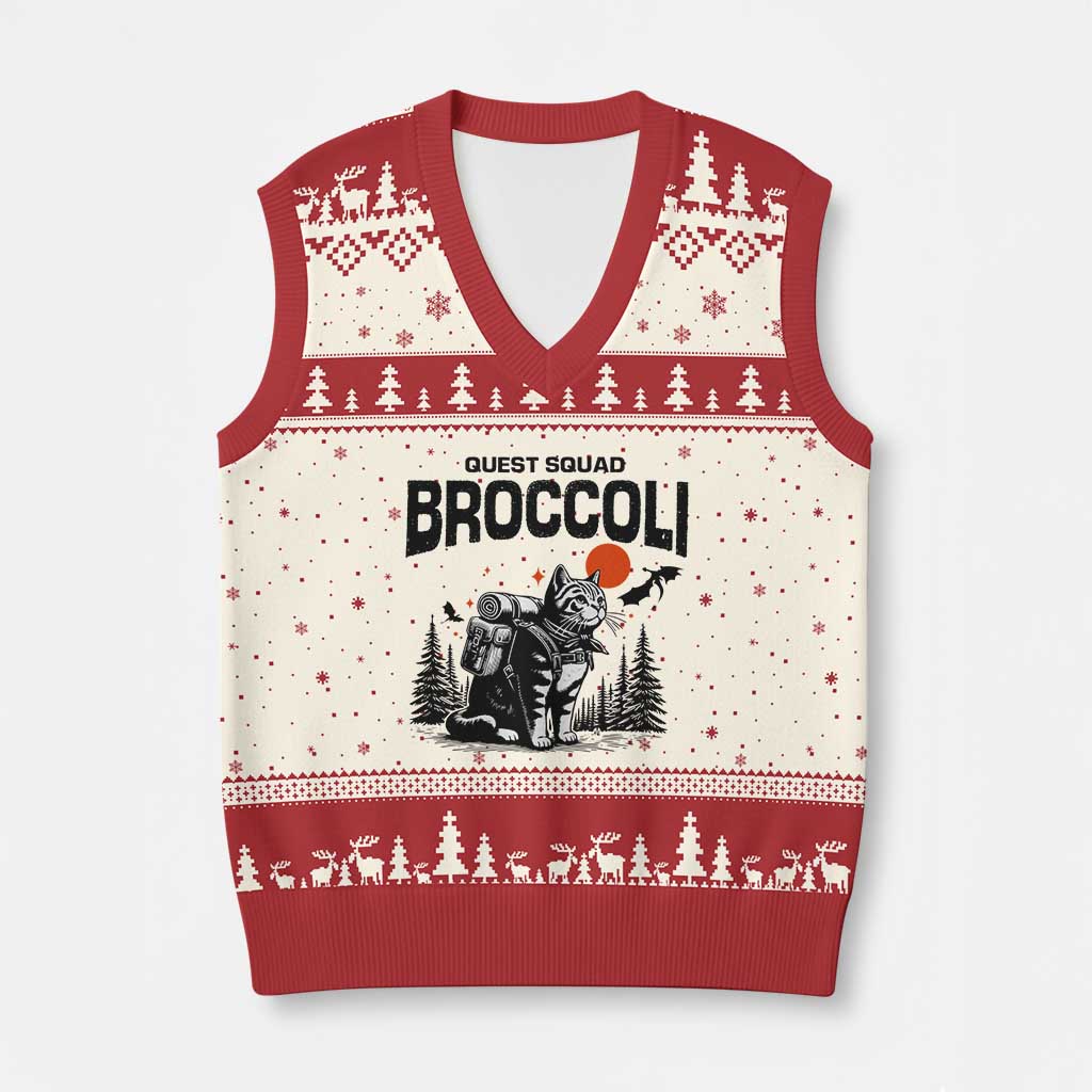 Quest Squad Broccoli Cat V-Neck Knit Sweater Vest Funny Hiking Adventure Cute Camping Feline - Wonder Print Shop