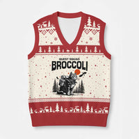 Quest Squad Broccoli Cat V-Neck Knit Sweater Vest Funny Hiking Adventure Cute Camping Feline - Wonder Print Shop