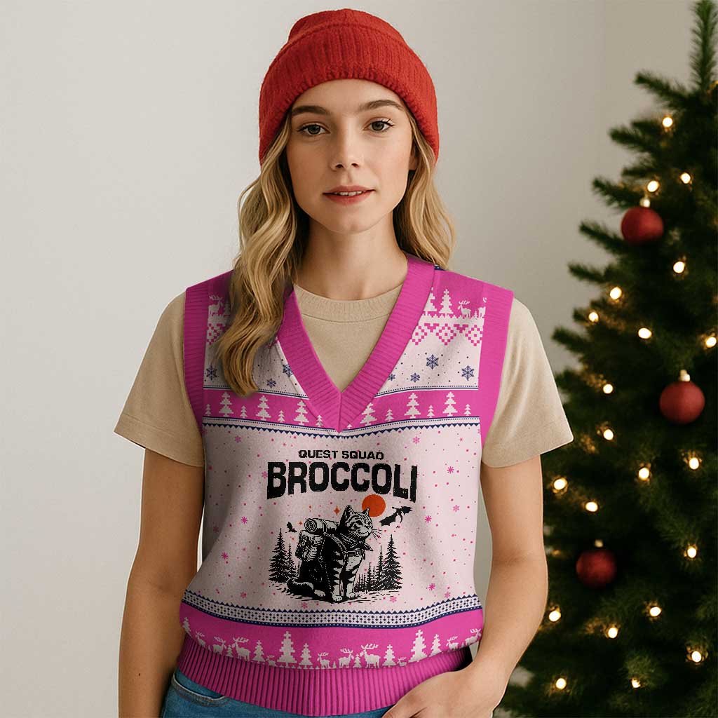 Quest Squad Broccoli Cat V-Neck Knit Sweater Vest Funny Hiking Adventure Cute Camping Feline - Wonder Print Shop
