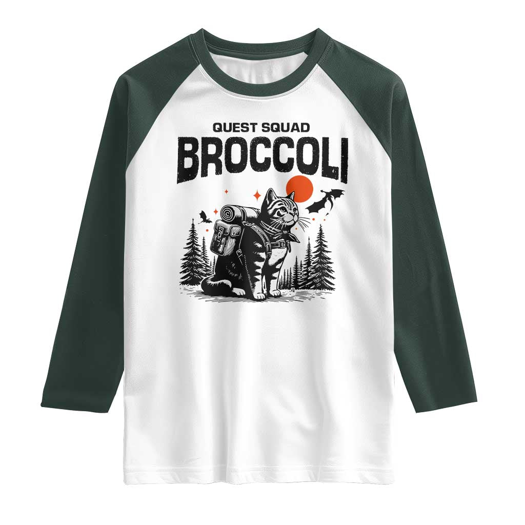 Quest Squad Broccoli Cat Raglan Shirt Funny Hiking Adventure Cute Camping Feline