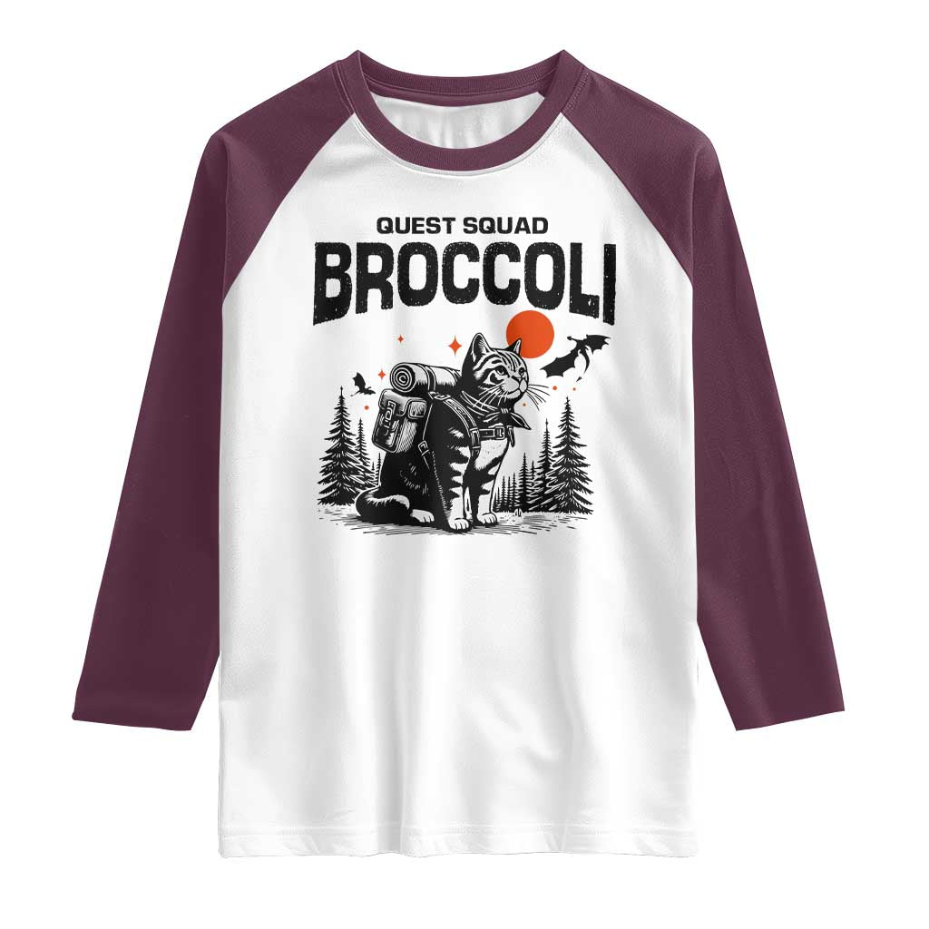 Quest Squad Broccoli Cat Raglan Shirt Funny Hiking Adventure Cute Camping Feline