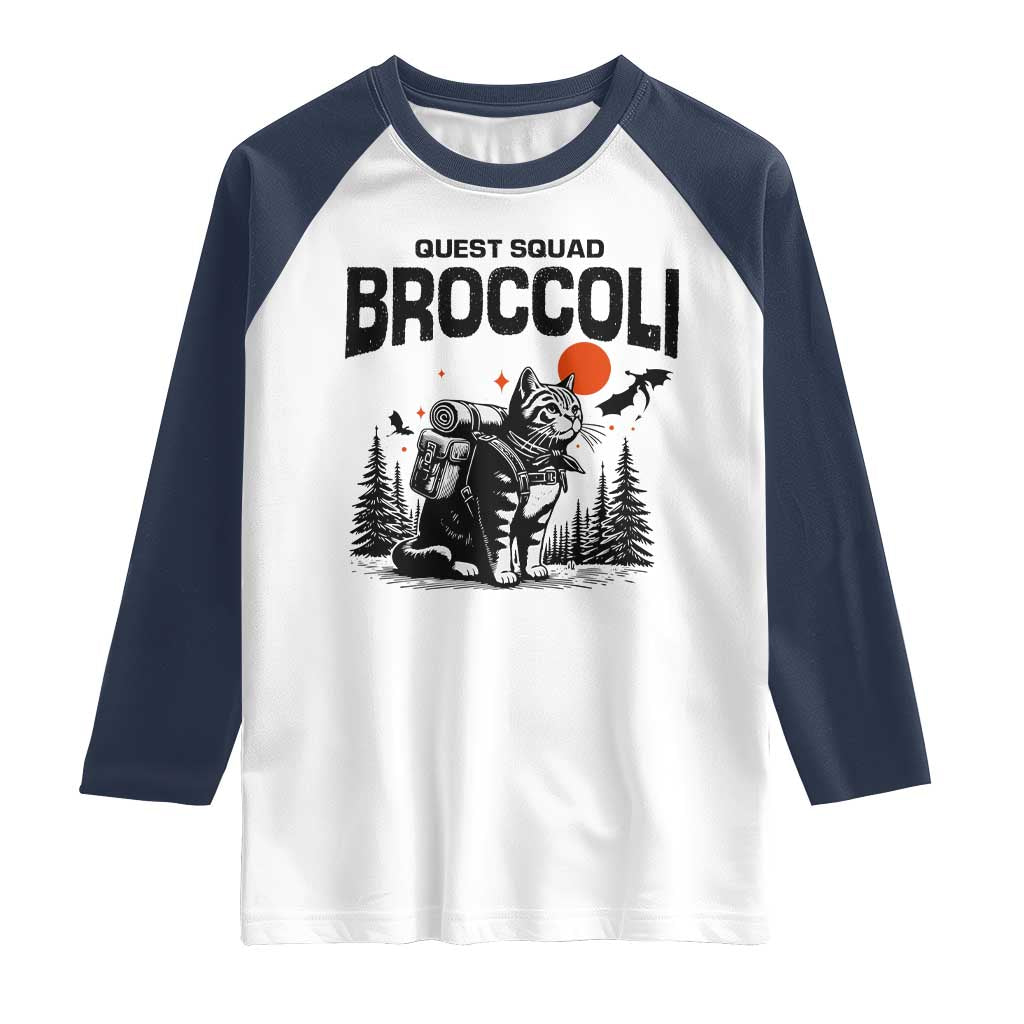 Quest Squad Broccoli Cat Raglan Shirt Funny Hiking Adventure Cute Camping Feline