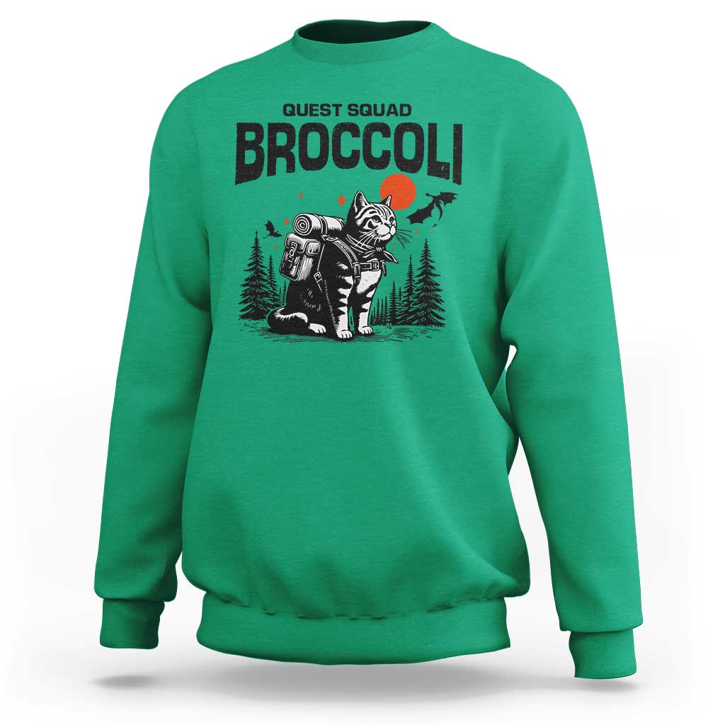 Quest Squad Broccoli Cat Sweatshirt Funny Hiking Adventure Cute Camping Feline