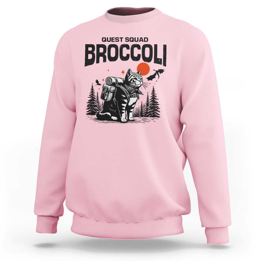 Quest Squad Broccoli Cat Sweatshirt Funny Hiking Adventure Cute Camping Feline