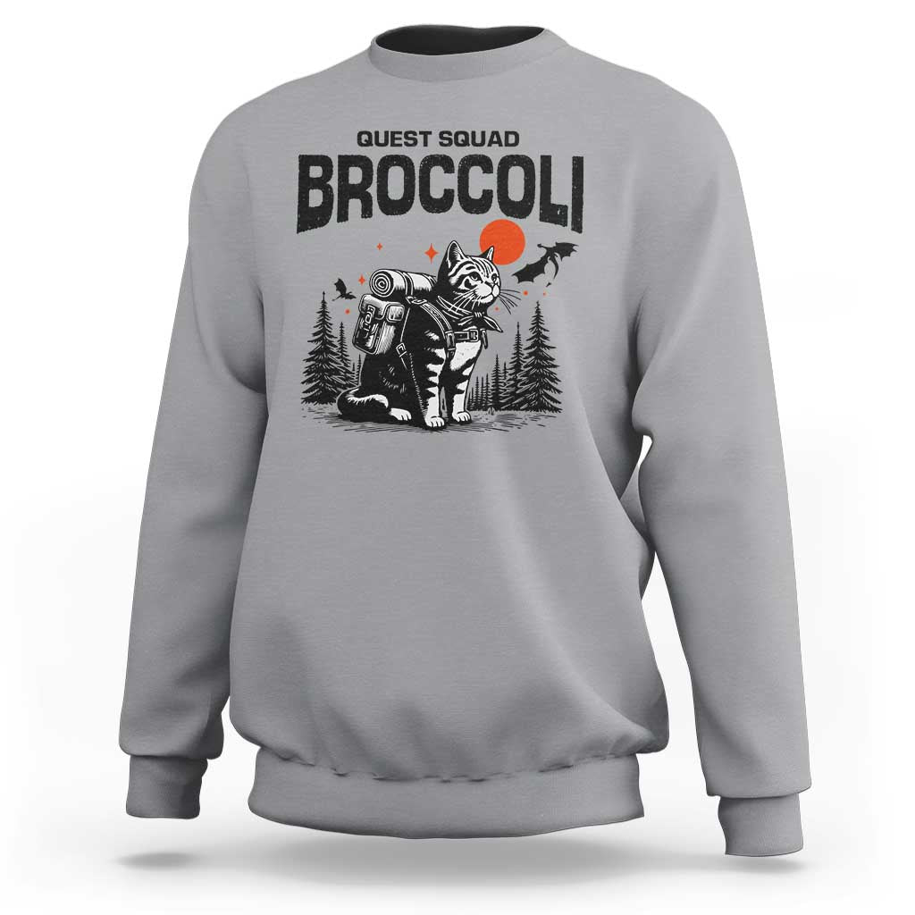 Quest Squad Broccoli Cat Sweatshirt Funny Hiking Adventure Cute Camping Feline