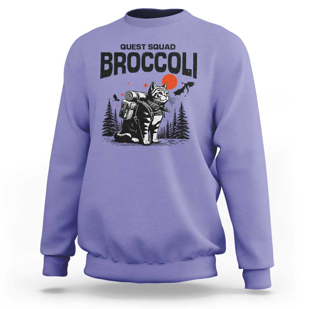 Quest Squad Broccoli Cat Sweatshirt Funny Hiking Adventure Cute Camping Feline