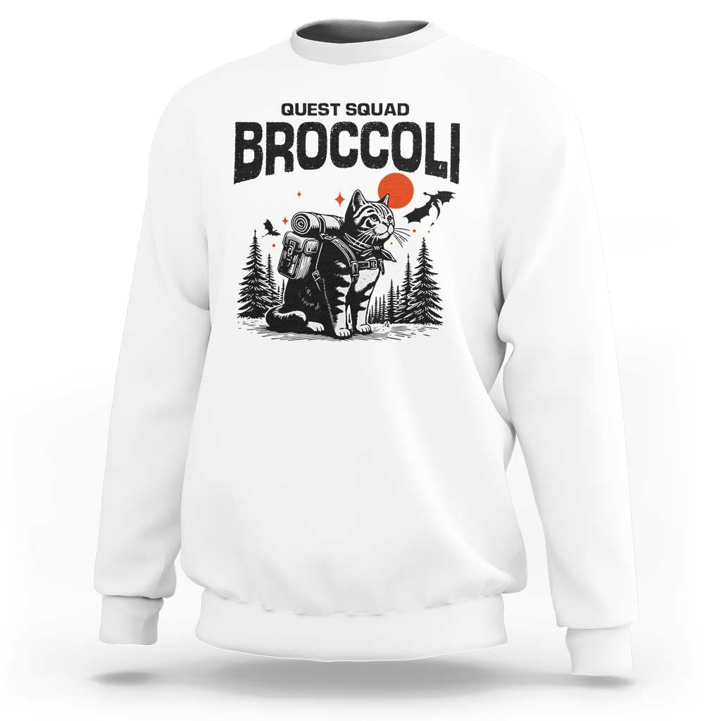 Quest Squad Broccoli Cat Sweatshirt Funny Hiking Adventure Cute Camping Feline