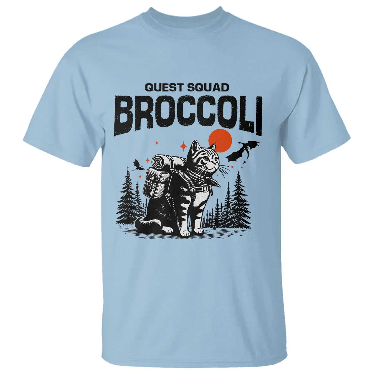 Quest Squad Broccoli Cat T Shirt Funny Hiking Adventure Cute Camping Feline