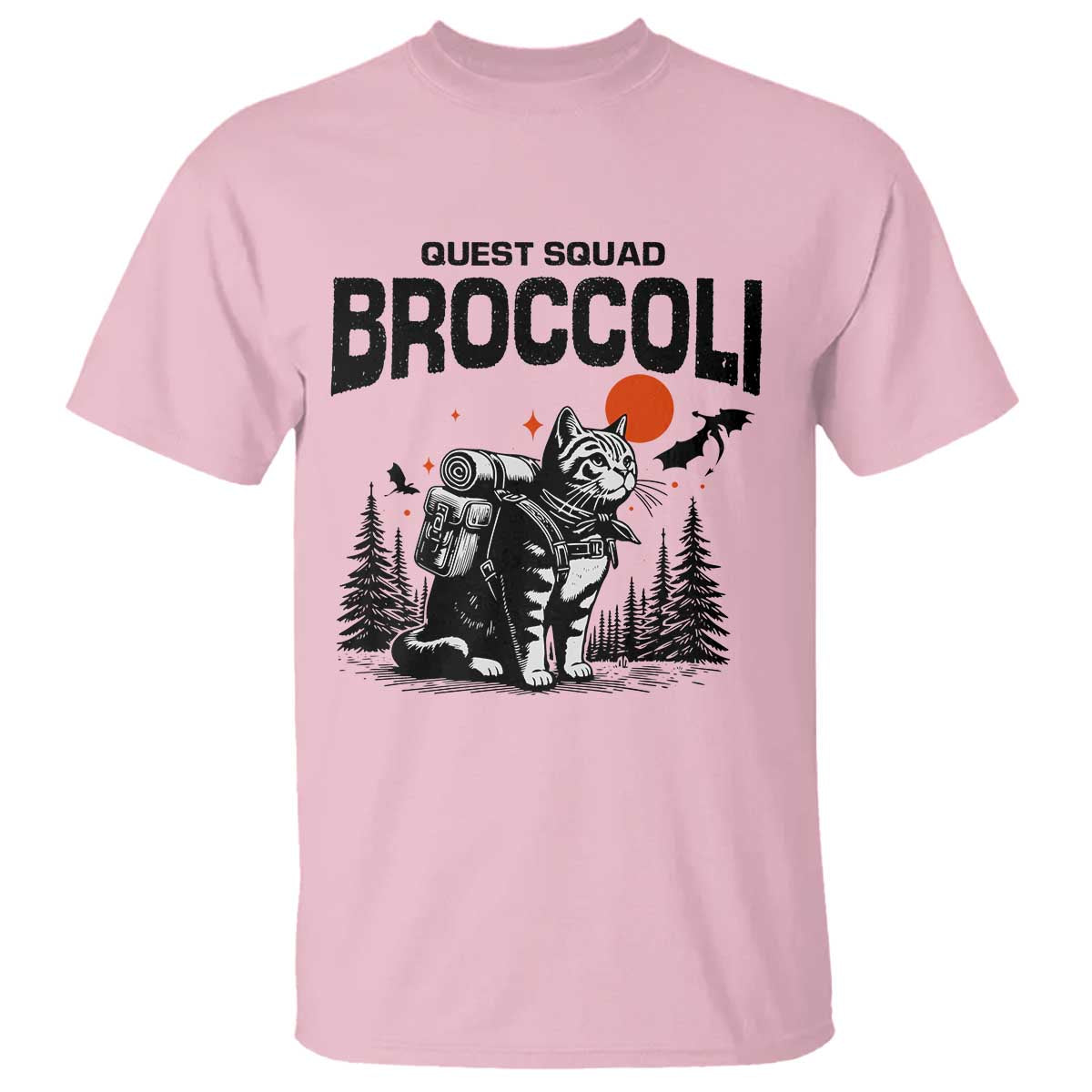 Quest Squad Broccoli Cat T Shirt Funny Hiking Adventure Cute Camping Feline