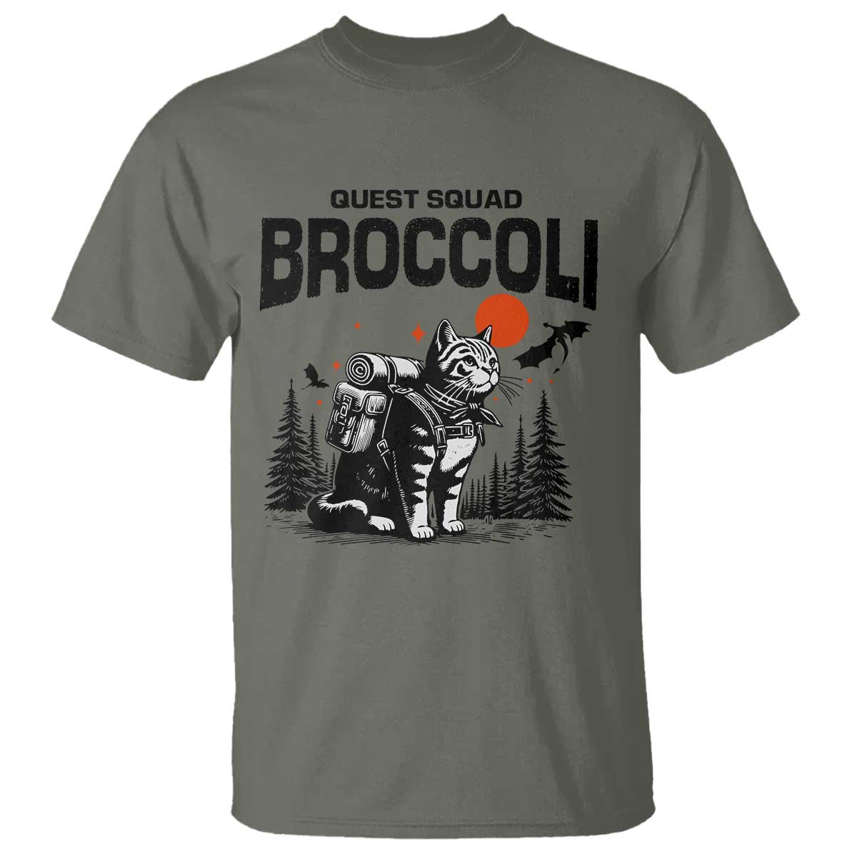 Quest Squad Broccoli Cat T Shirt Funny Hiking Adventure Cute Camping Feline