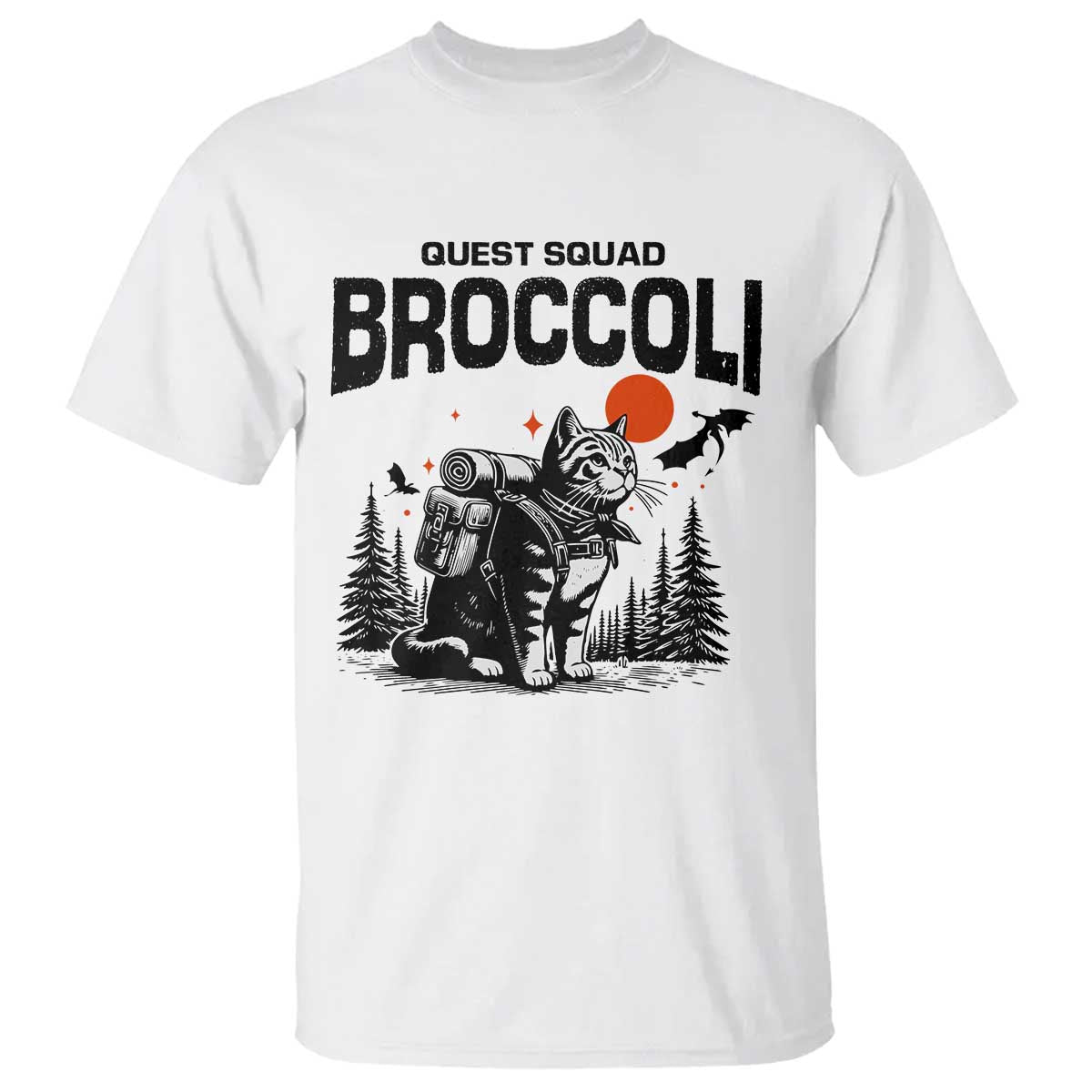 Quest Squad Broccoli Cat T Shirt Funny Hiking Adventure Cute Camping Feline