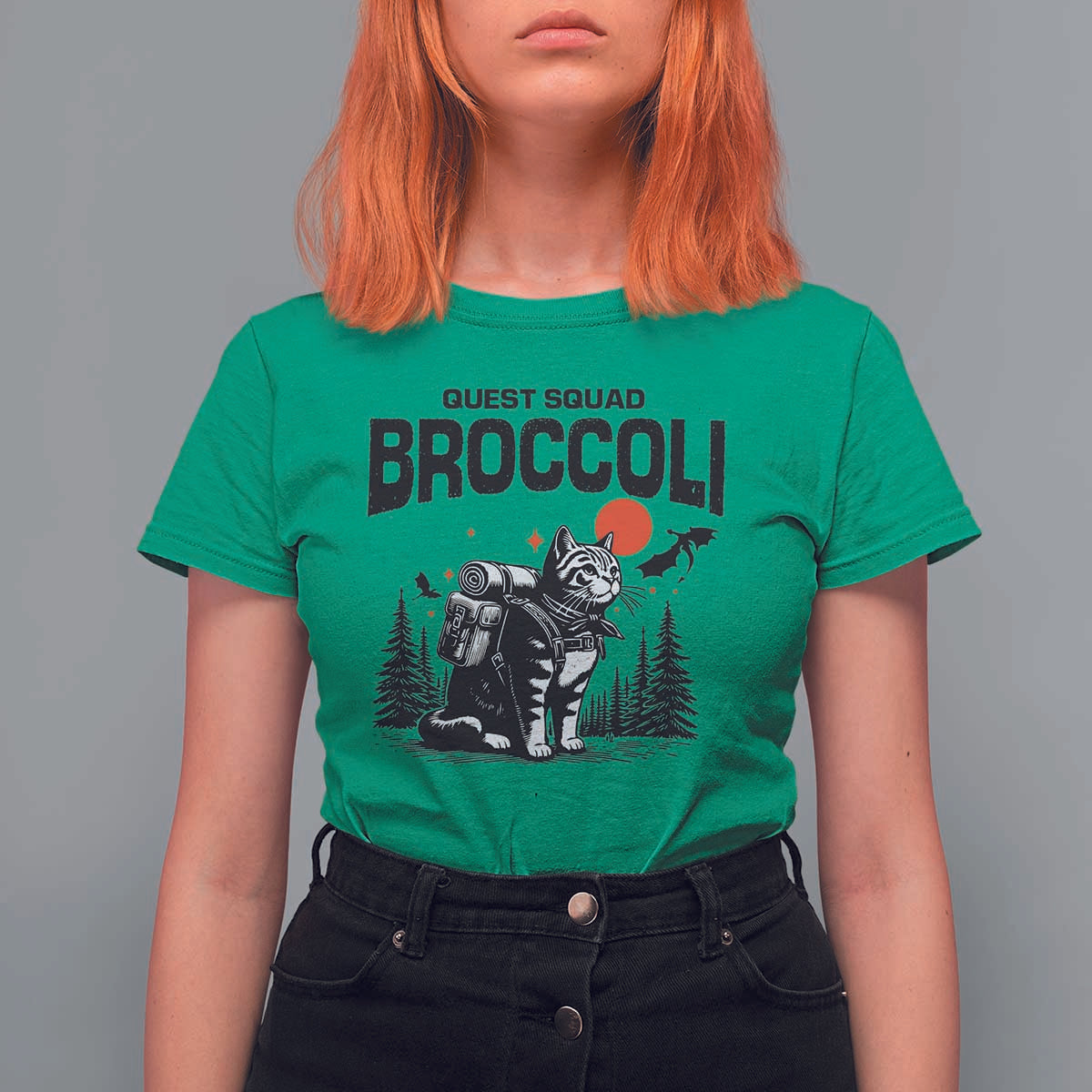 Quest Squad Broccoli Cat T Shirt For Women Funny Hiking Adventure Cute Camping Feline