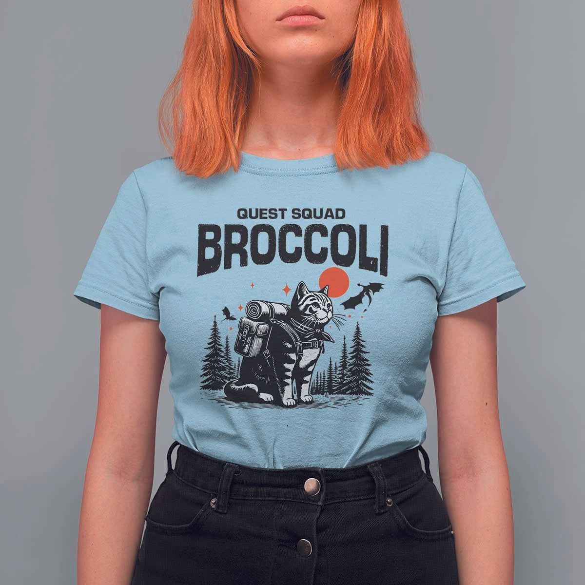 Quest Squad Broccoli Cat T Shirt For Women Funny Hiking Adventure Cute Camping Feline
