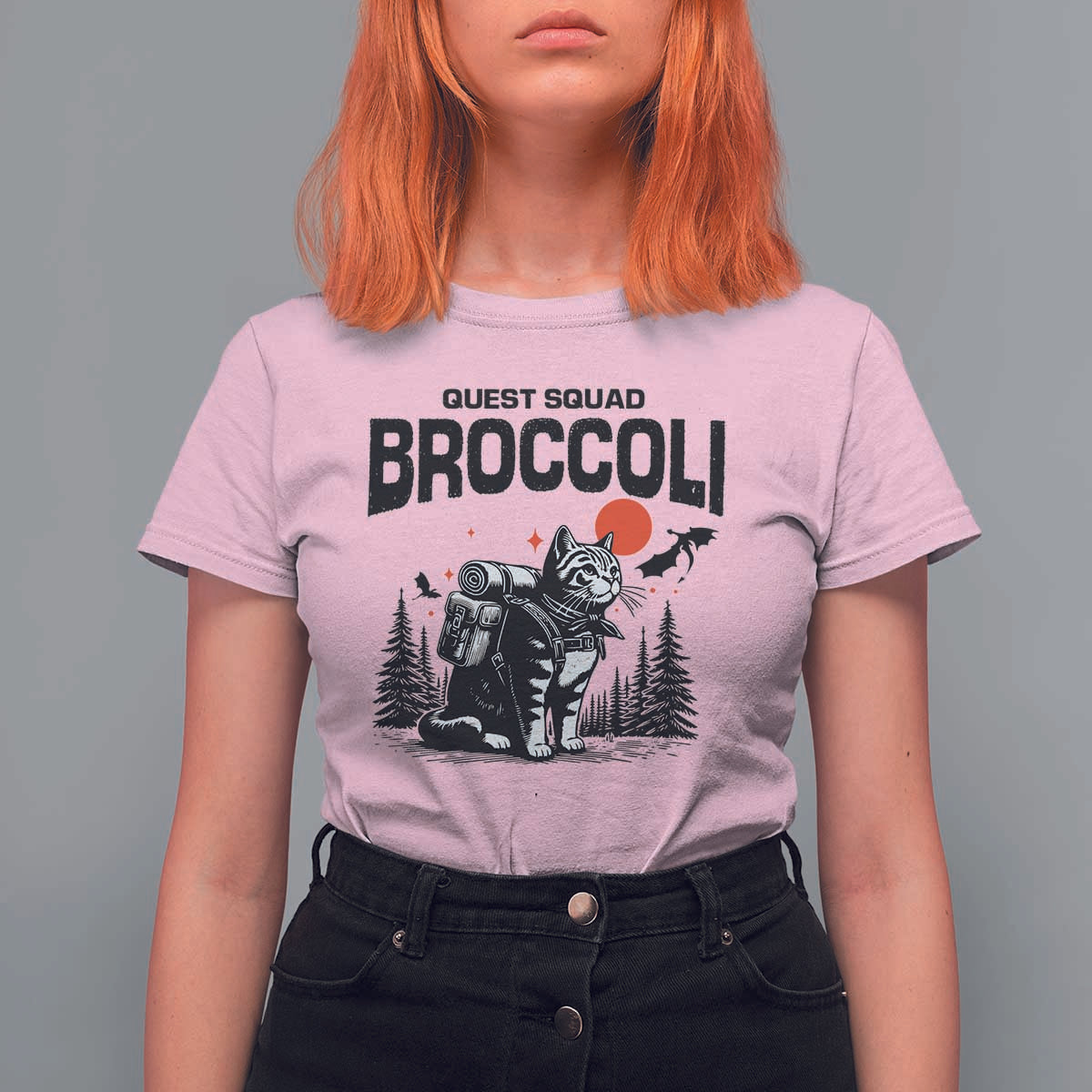 Quest Squad Broccoli Cat T Shirt For Women Funny Hiking Adventure Cute Camping Feline