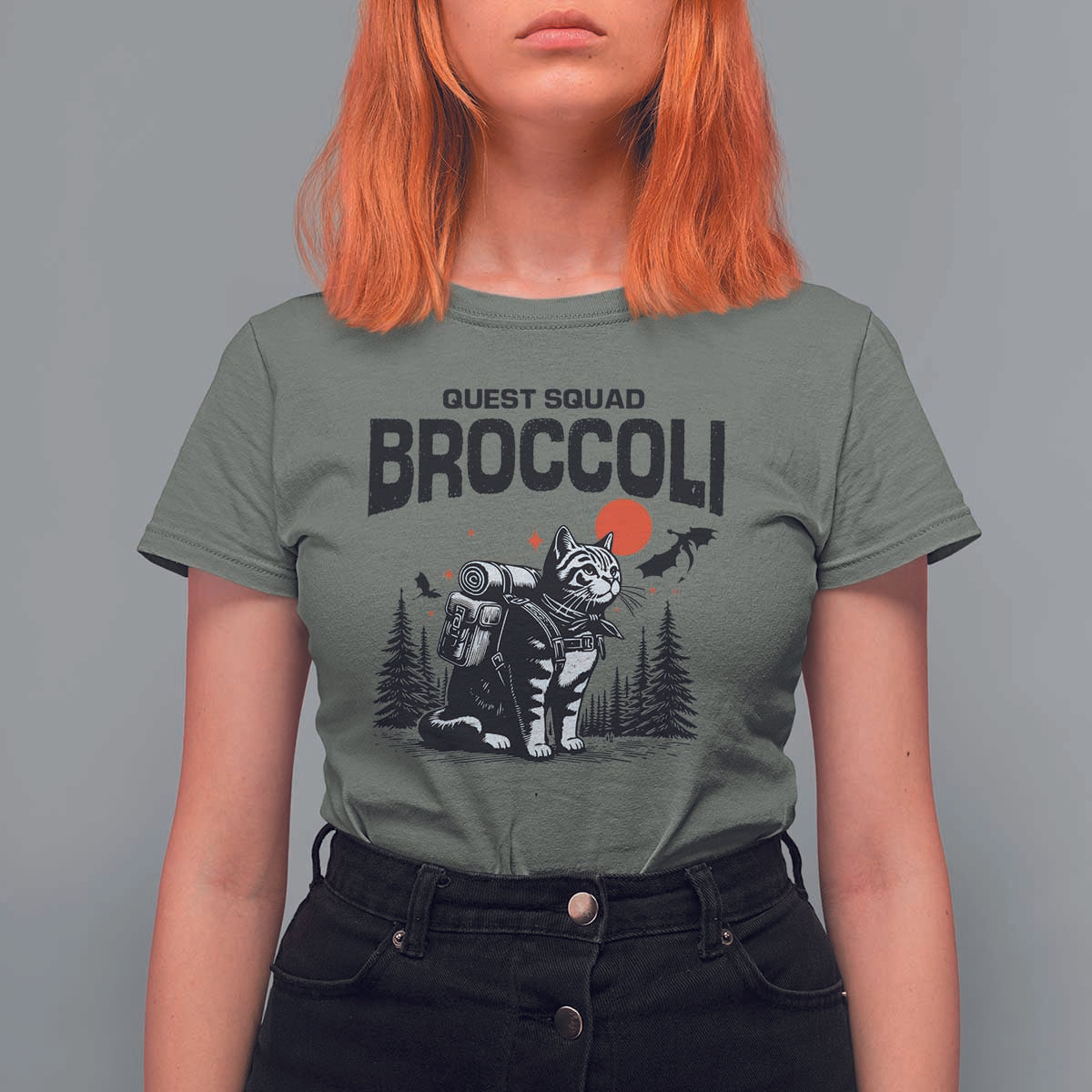 Quest Squad Broccoli Cat T Shirt For Women Funny Hiking Adventure Cute Camping Feline