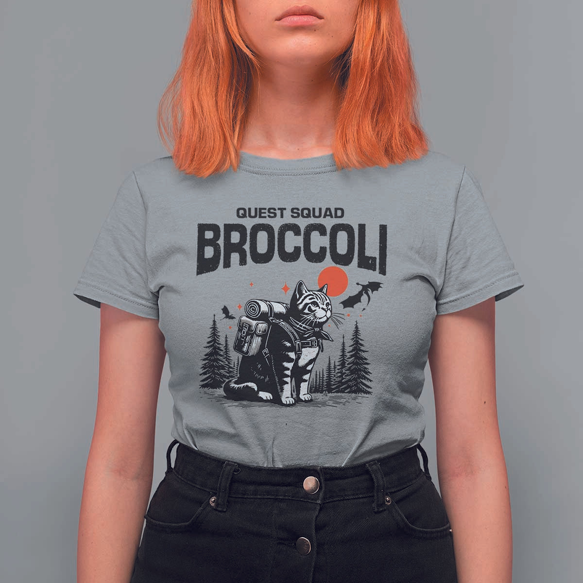 Quest Squad Broccoli Cat T Shirt For Women Funny Hiking Adventure Cute Camping Feline