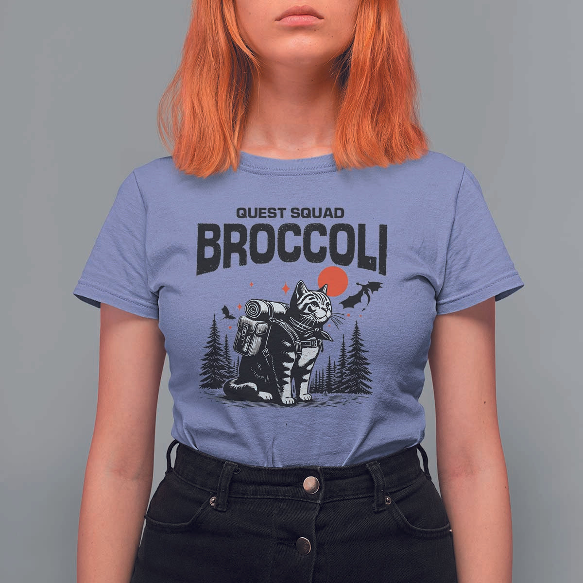 Quest Squad Broccoli Cat T Shirt For Women Funny Hiking Adventure Cute Camping Feline