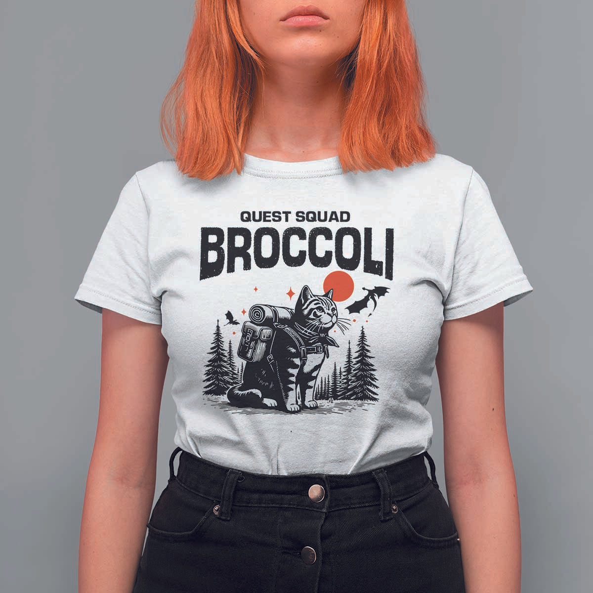 Quest Squad Broccoli Cat T Shirt For Women Funny Hiking Adventure Cute Camping Feline