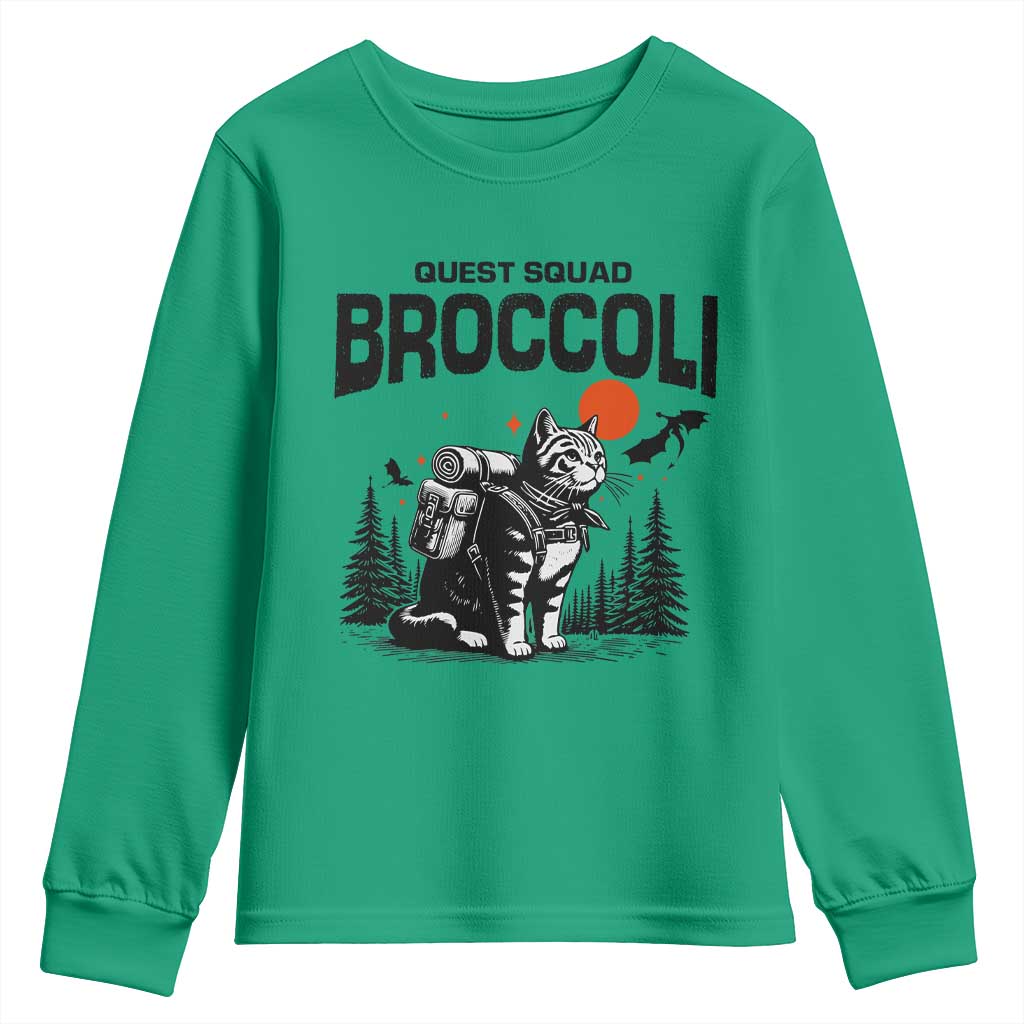 Quest Squad Broccoli Cat Youth Sweatshirt Funny Hiking Adventure Cute Camping Feline