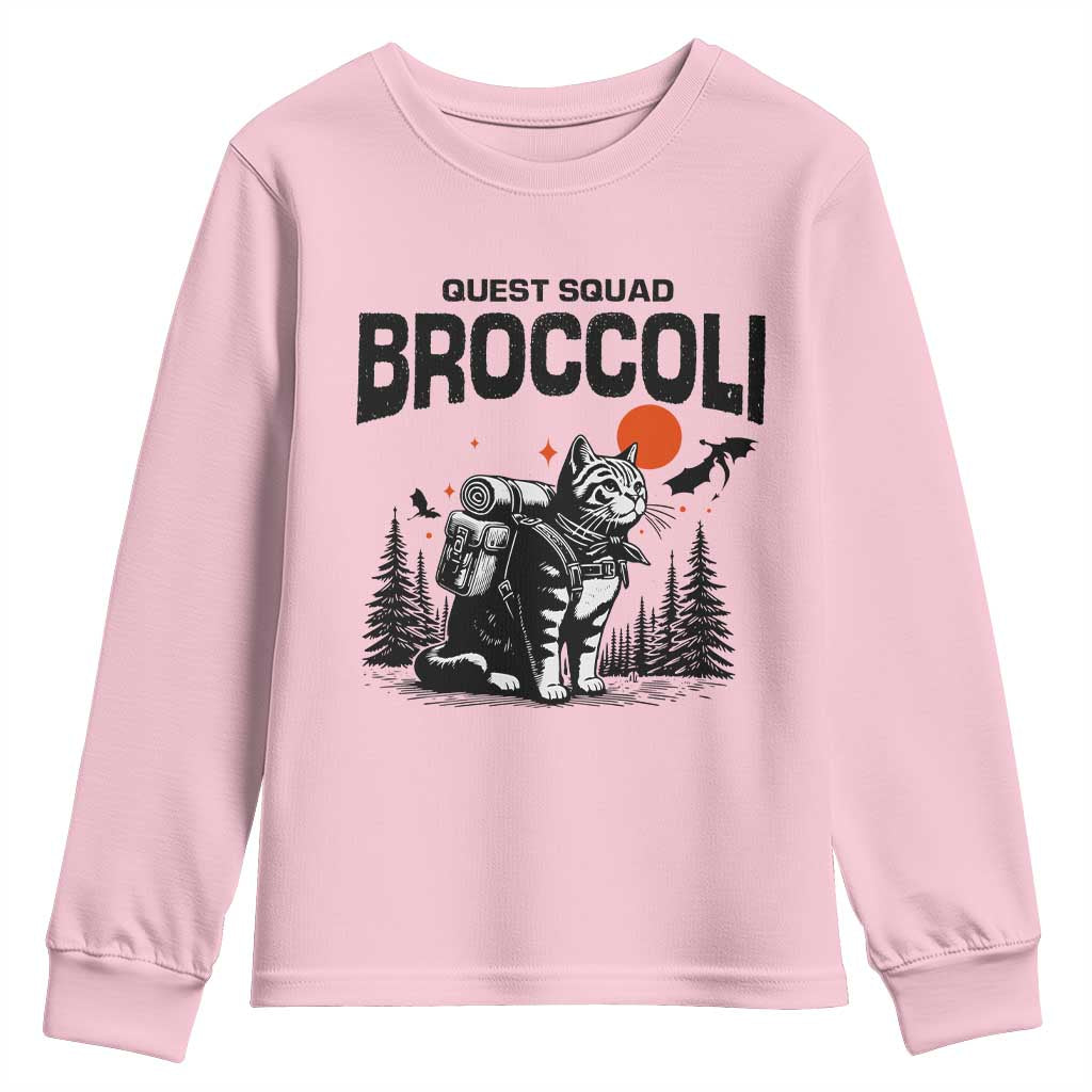 Quest Squad Broccoli Cat Youth Sweatshirt Funny Hiking Adventure Cute Camping Feline