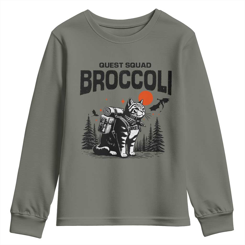 Quest Squad Broccoli Cat Youth Sweatshirt Funny Hiking Adventure Cute Camping Feline