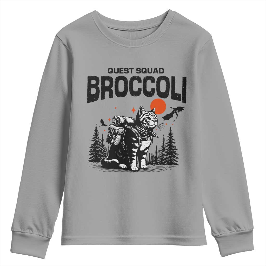 Quest Squad Broccoli Cat Youth Sweatshirt Funny Hiking Adventure Cute Camping Feline