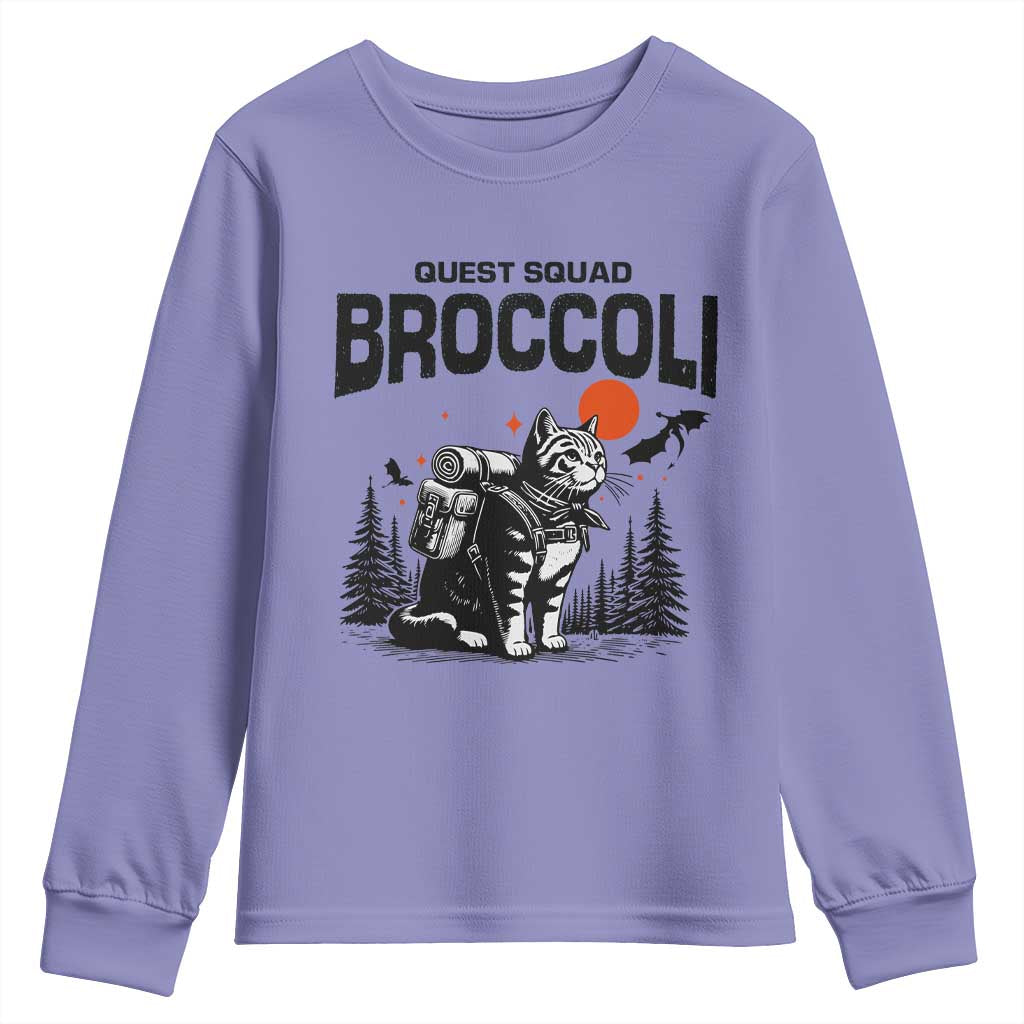 Quest Squad Broccoli Cat Youth Sweatshirt Funny Hiking Adventure Cute Camping Feline