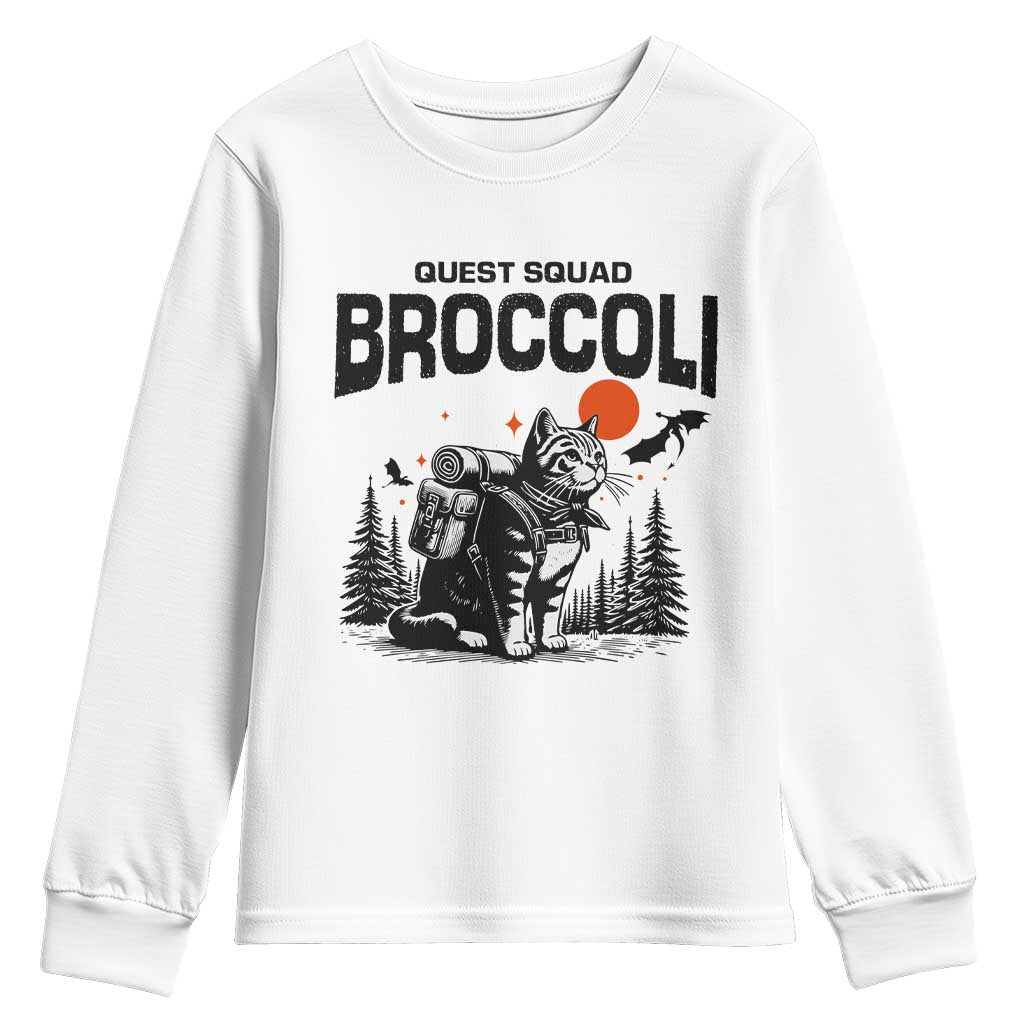 Quest Squad Broccoli Cat Youth Sweatshirt Funny Hiking Adventure Cute Camping Feline