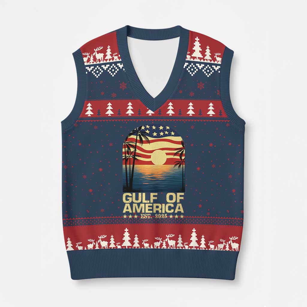 Gulf Of USA V-Neck Knit Sweater Vest Est 2025 American Flag Retro - Wonder Print Shop