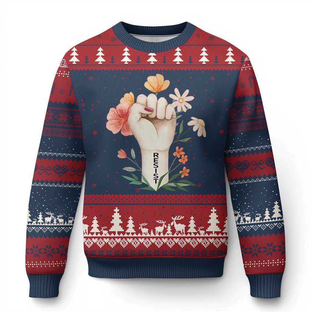 Empowered Women Ugly Christmas Sweater Resist Raised Fist Retro Boho - Wonder Print Shop
