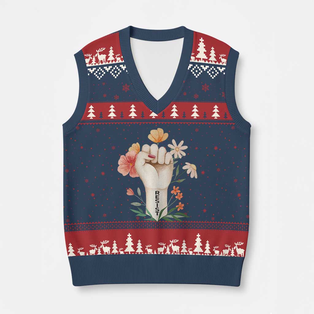 Empowered Women V-Neck Knit Sweater Vest Resist Raised Fist Retro Boho - Wonder Print Shop