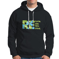 Black pullover hoodie with front kangaroo pocket, drawstring hood, and recycle graphic.
