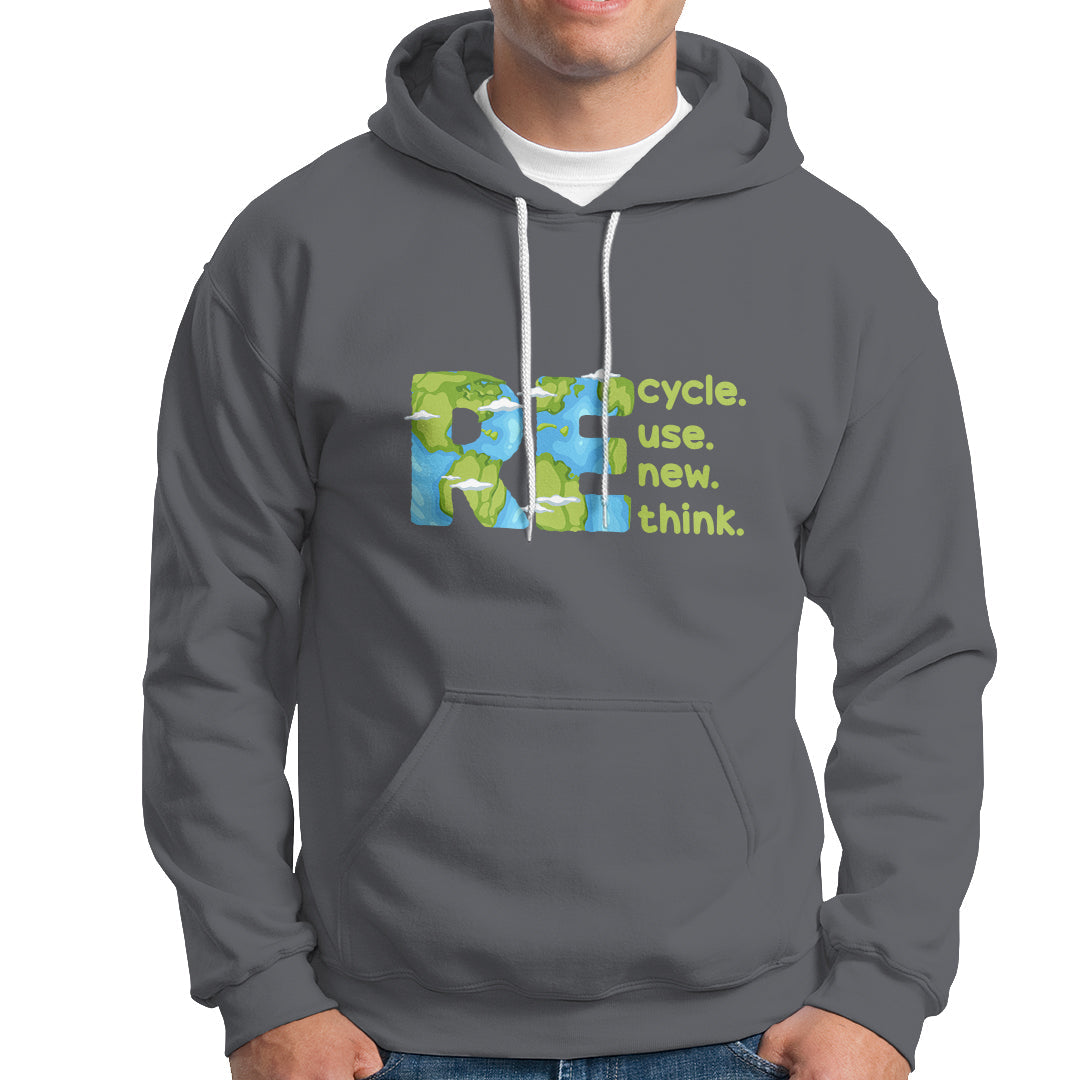 Charcoal pullover hoodie with front kangaroo pocket, drawstring hood, and recycle graphic.
