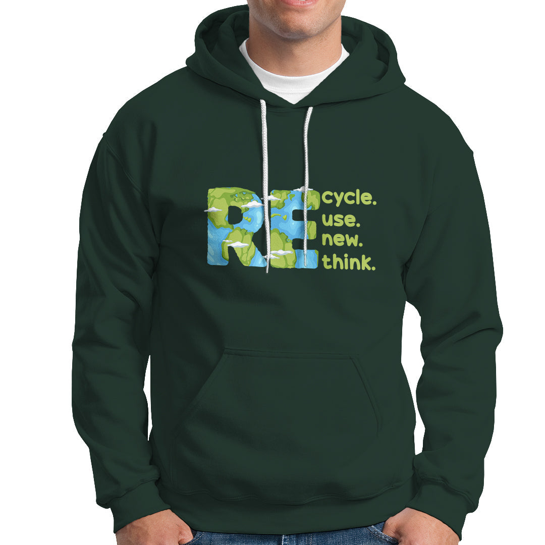 Dark forest green pullover hoodie with front kangaroo pocket, drawstring hood, and recycle graphic.